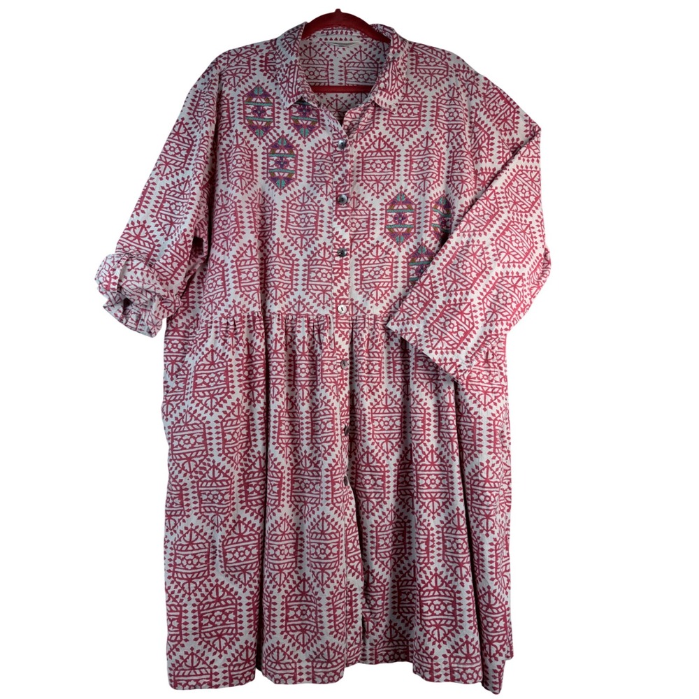 Marketplace Handwork of India Cotton Block Print Embroidered Dress Red 2XW